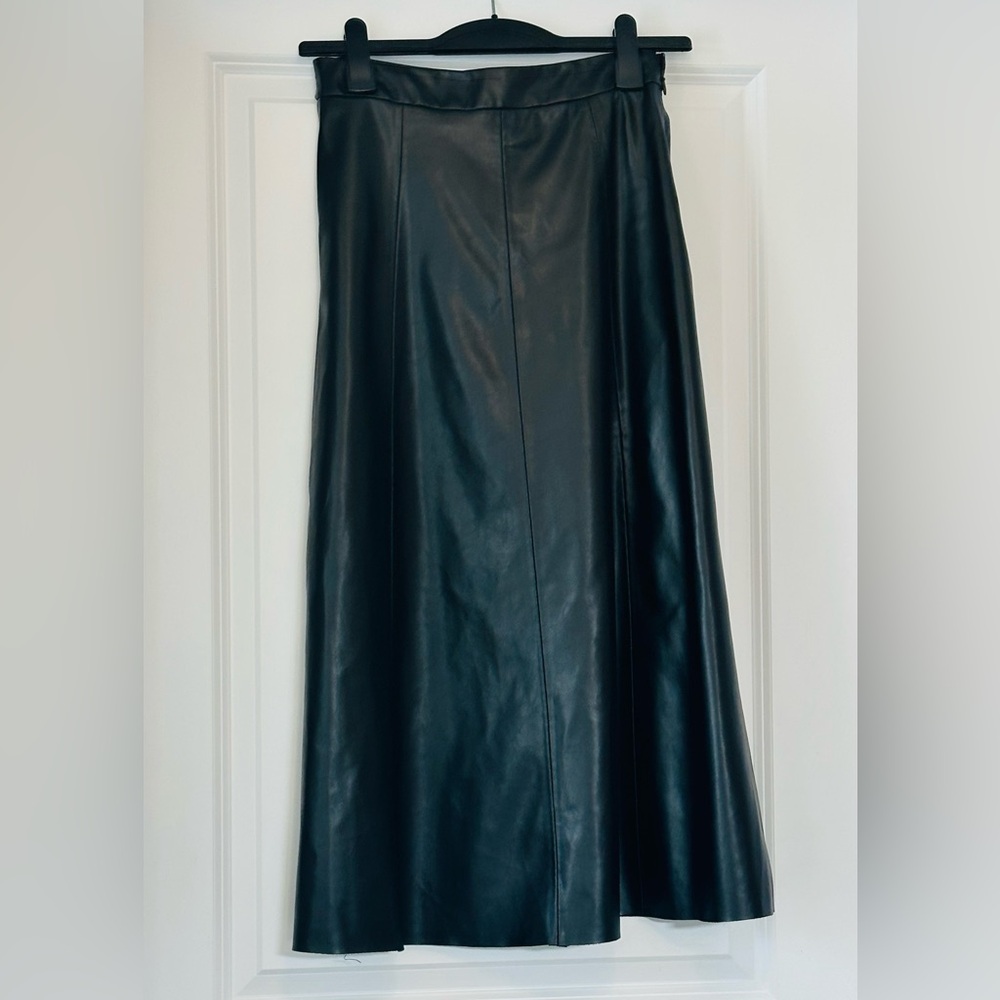 ZARA Skirt Maxi A-Line Black Vegan Leather w/ Belt Gold Buckle Size S